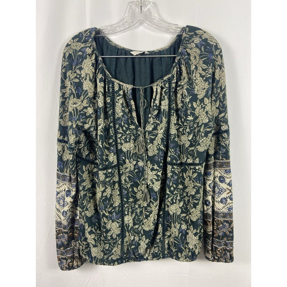 Lucky Brand Women’s Hippie Boho Long Sleeve Blouse Tassel Neck Green White
